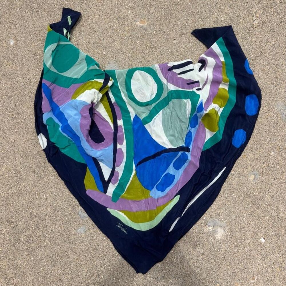 Vintage 1970s Abstract Silk Scarf Peacock Polka Dots Floral Funky Bold